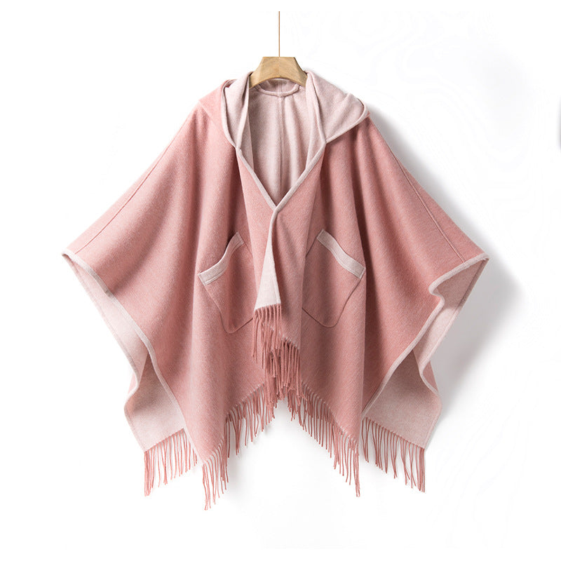 🆕新品上架💖【梨花瑪雅】秋冬新款🐏高級100%羊羔毛雙面斗篷連帽披肩外套(兩色)