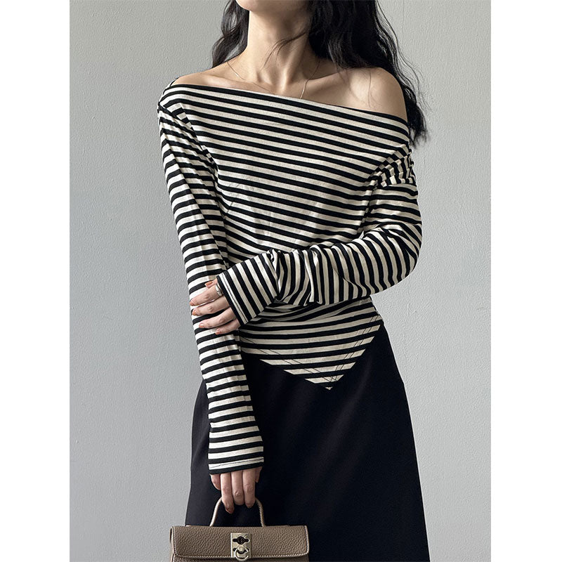 🆕新品上架【梨花瑪雅】秋天新款條紋修身慵懶露肩上衣(2色)🤞