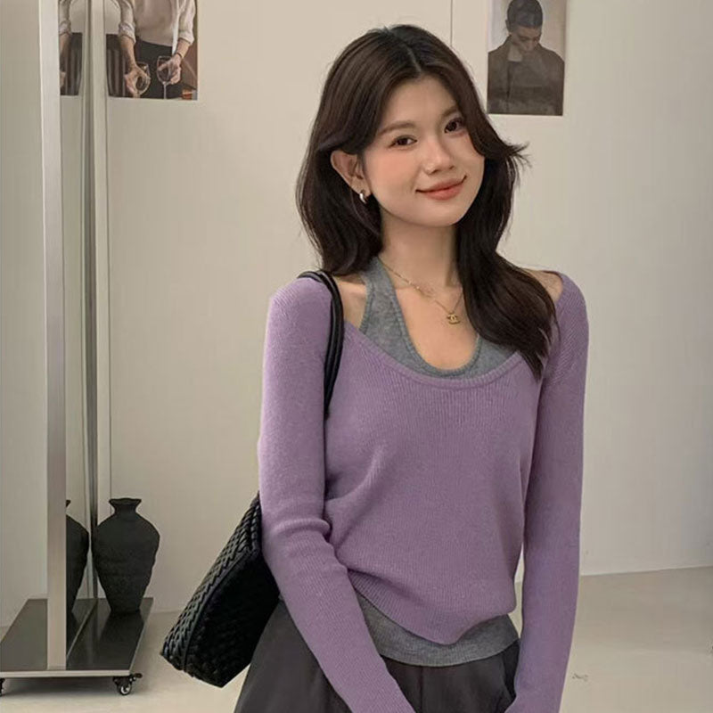 🆕新品上架💖【梨花瑪雅】秋冬新款溫柔小姐姐繞頸式假兩件撞色針織上衣(3色)