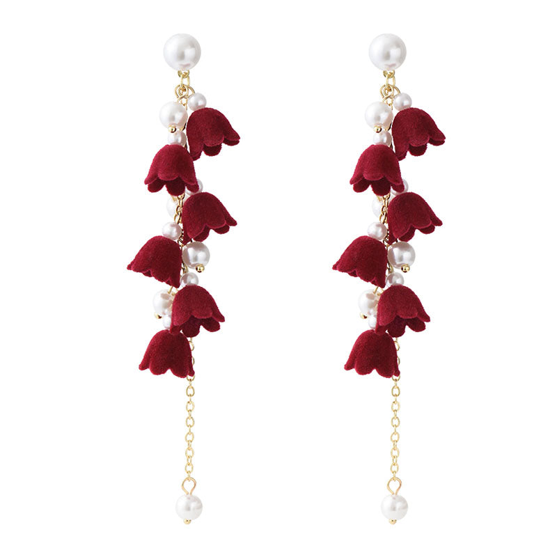 🆕新品上架【梨花瑪雅】💖一串酒紅植絨風鈴花珍珠垂墜耳環禮盒裝💕