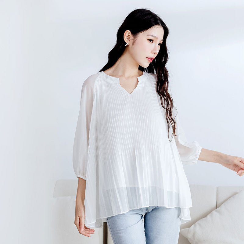 💖新品上架【梨花瑪雅】實拍選品氣質小V領泡泡袖雪紡上衣(兩色)