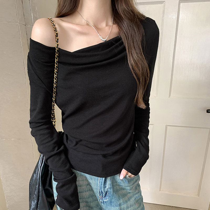 🆕新品上架【梨花瑪雅】💕韓系溫柔垂領斜肩基本款薄修身上衣(3色)🤞