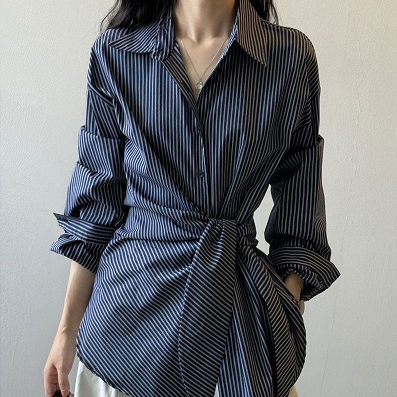 🆕新品上架💖【梨花瑪雅】😍設計感都會女性時尚綁帶條紋百搭顯瘦襯衫(2色)