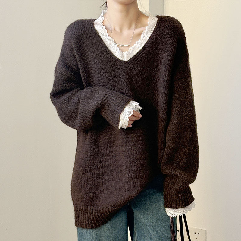 💕新品上架【梨花瑪雅】爆紅蕾絲花邊毛衣冬季慵懶寬鬆柔軟溫柔針織上衣💖💖(3色)