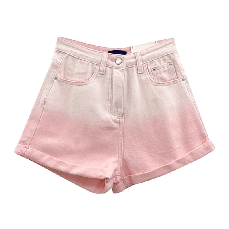 🆕新品上架【梨花瑪雅】 選品實拍新品薄款反摺設計漸層色中高腰牛仔短褲(兩色)