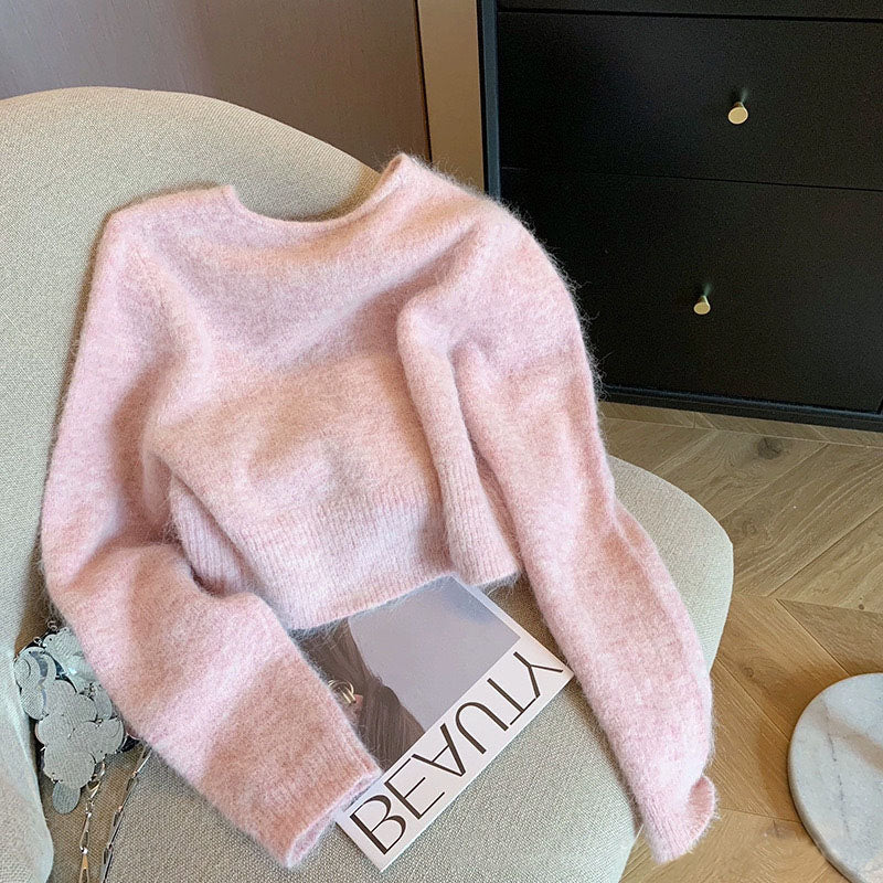 🆕新品上架💖【梨花瑪雅】新款海馬毛軟糯溫柔風粉色V領短版針織衫外套💕