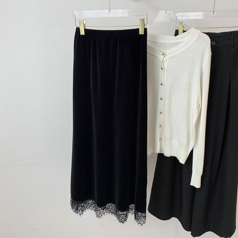 🆕新品上架💖【梨花瑪雅】輕奢鬆緊腰修身A字質感絲絨下擺絕美蕾絲黑色長裙