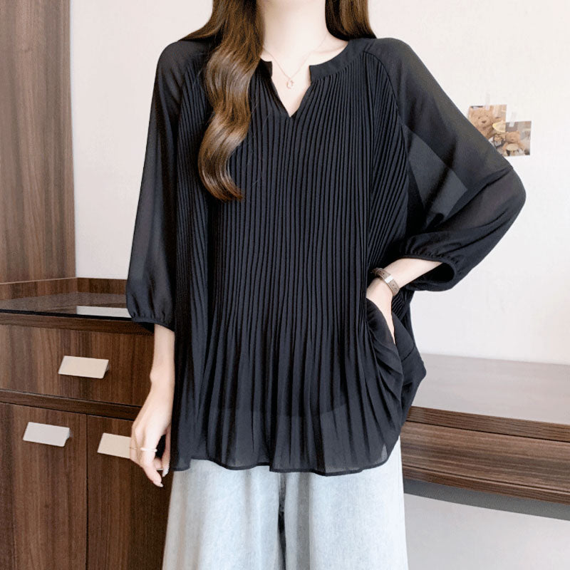 💖新品上架【梨花瑪雅】實拍選品氣質小V領泡泡袖雪紡上衣(兩色)