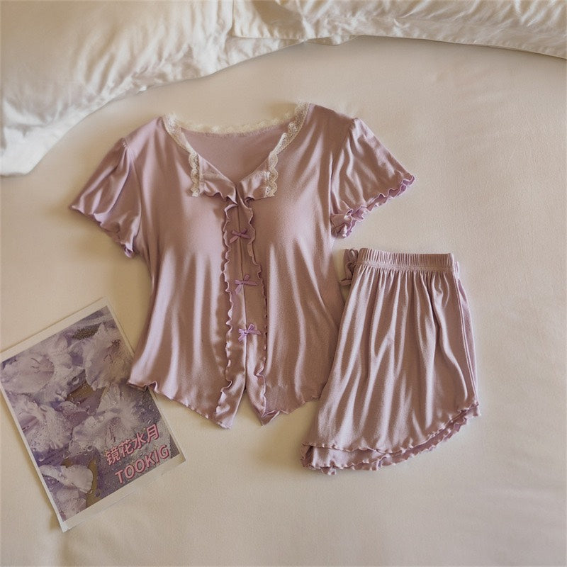 新品上架💕【LIHUA MAYA】採購推薦莫代爾固定胸墊舒柔短袖睡衣家居服套裝(4色)