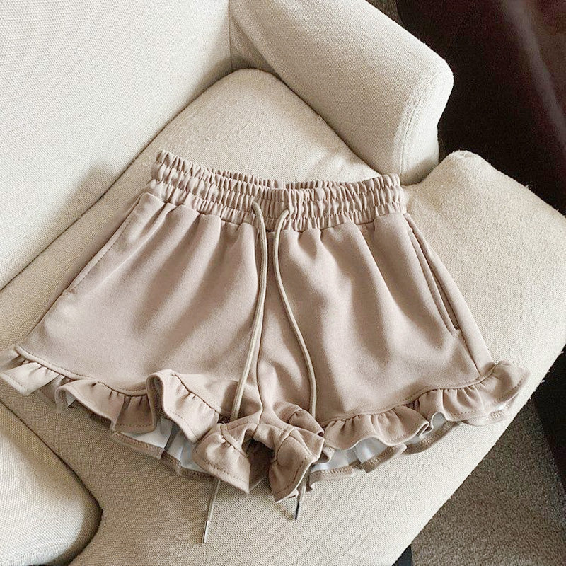 🆕新品上架💖【梨花瑪雅】木耳邊棉質休閒高腰運動寬襬短褲(3色)
