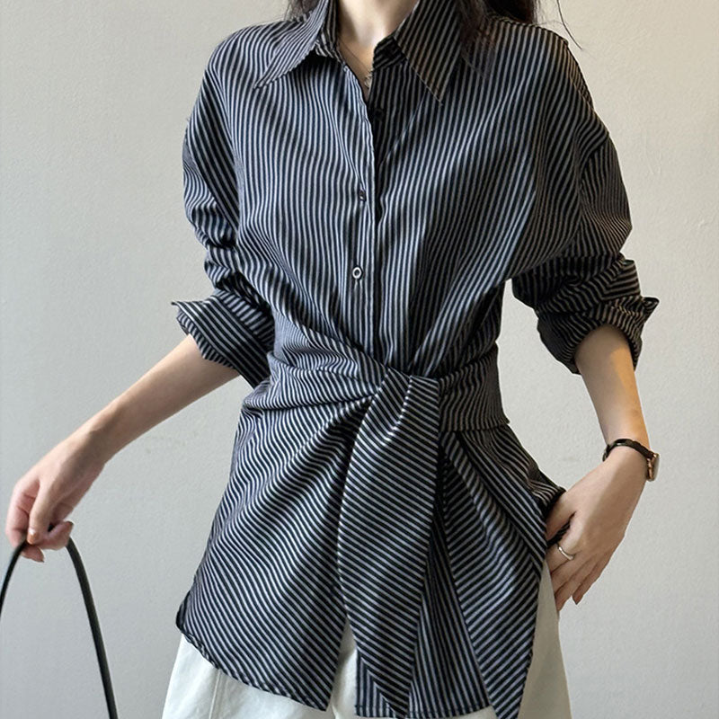 🆕新品上架💖【梨花瑪雅】😍設計感都會女性時尚綁帶條紋百搭顯瘦襯衫(2色)