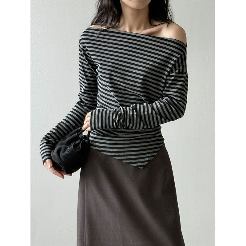 🆕新品上架【梨花瑪雅】秋天新款條紋修身慵懶露肩上衣(2色)🤞
