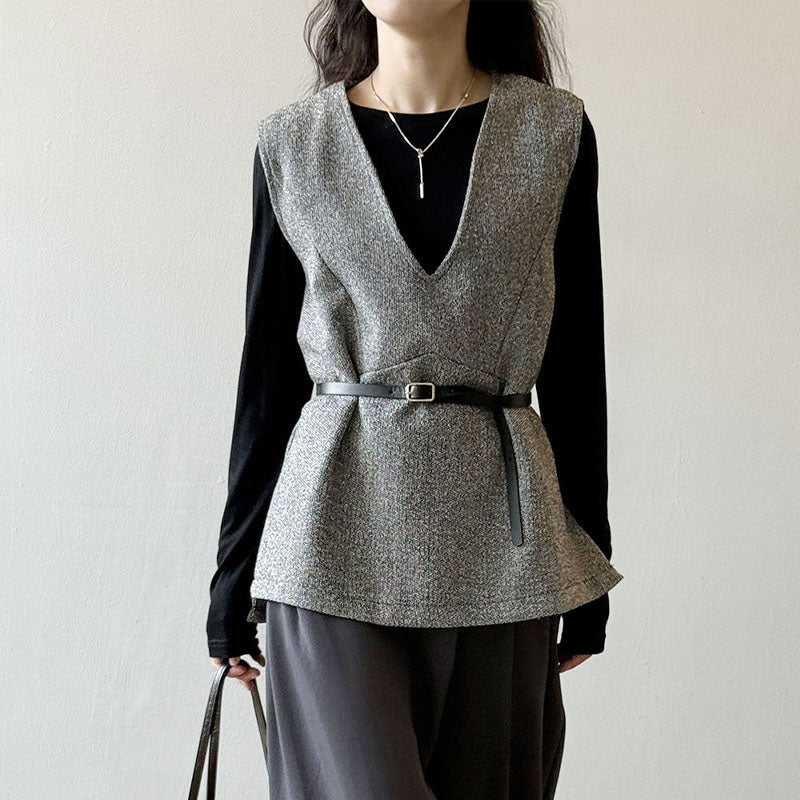 💕新品上架【梨花瑪雅】經典時尚修身V領馬甲背心附皮帶上衣💖💖