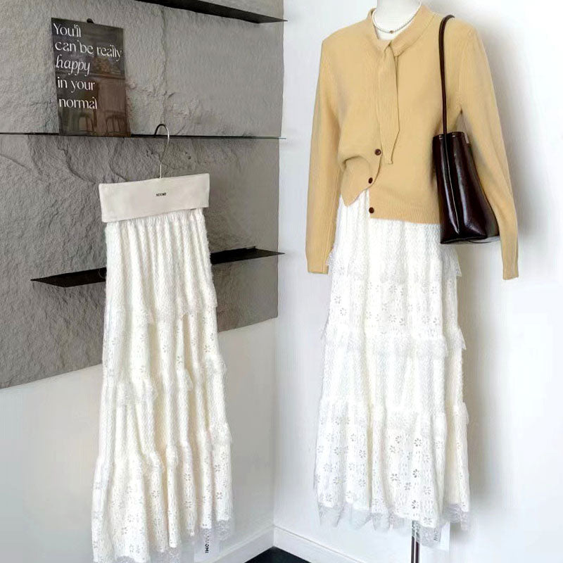 🆕新品上架💖【梨花瑪雅】🍂秋冬氣質百搭蕾絲修身A字傘百長裙(兩色)