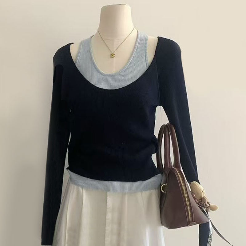 🆕新品上架💖【梨花瑪雅】秋冬新款溫柔小姐姐繞頸式假兩件撞色針織上衣(3色)