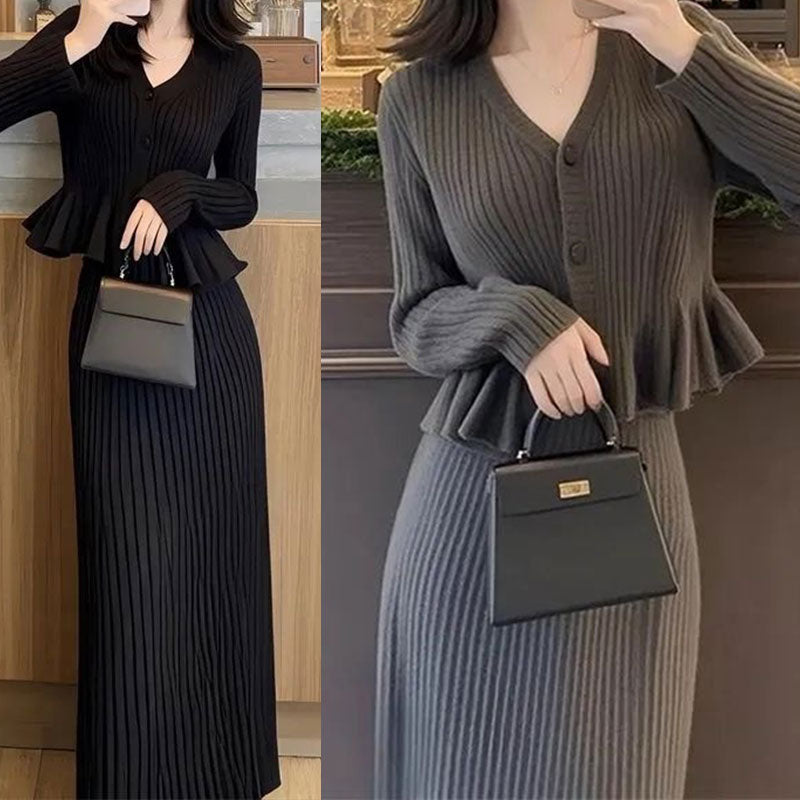 🆕新品上架💖【梨花瑪雅】秋冬款V領傘擺氣質小香風針織兩式長裙套裝(2色)🌹