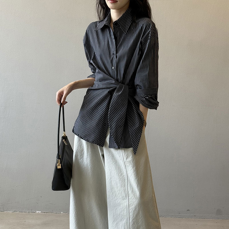 🆕新品上架💖【梨花瑪雅】😍設計感都會女性時尚綁帶條紋百搭顯瘦襯衫(2色)