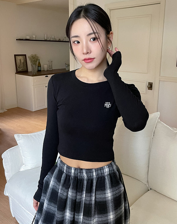 韓國 muahmuah 刺繡LOGO 露臍 長袖T恤  (現貨+預購)