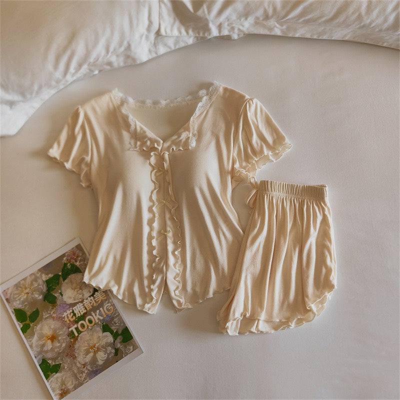 新品上架💕【LIHUA MAYA】採購推薦莫代爾固定胸墊舒柔短袖睡衣家居服套裝(4色)