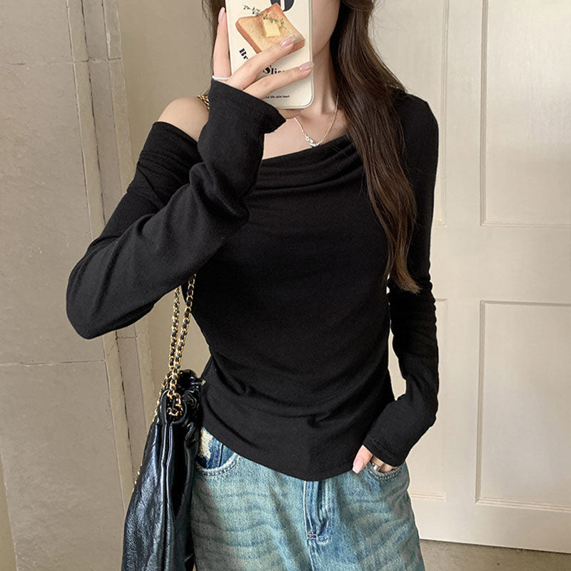 🆕新品上架【梨花瑪雅】💕韓系溫柔垂領斜肩基本款薄修身上衣(3色)🤞