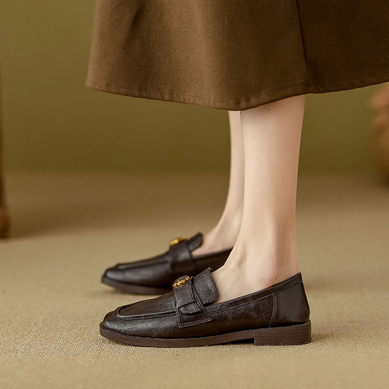 🆕新品上架💖【梨花瑪雅】🎠英倫復古玫瑰金釦樂福豆豆平底皮鞋(2色)尺寸齊全🤞寵愛自己