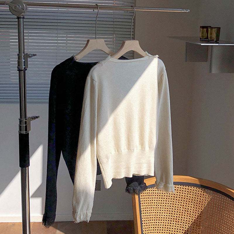 🆕新品上架💖【梨花瑪雅】☕優雅V領睫毛蕾絲細節美感針織罩衫上衣(2色)