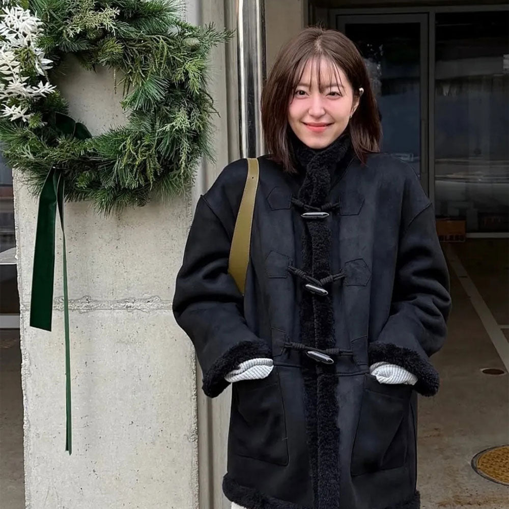 💜新品上架【梨花娘】韓國品牌GENERAL IDEA軟萌牛角扣俐落麂皮風雙面穿仿羊羔絨大衣(兩色)