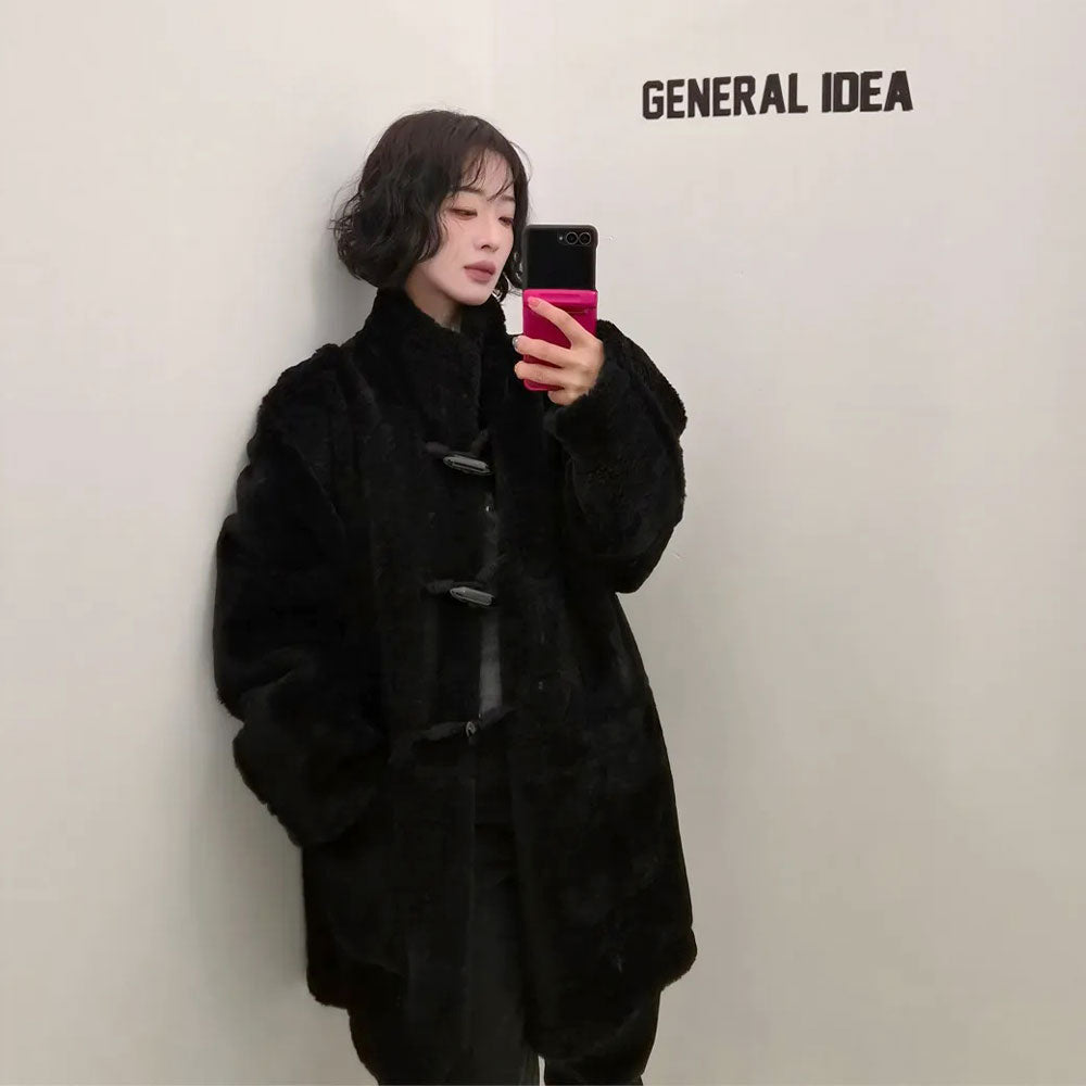 💜新品上架【梨花娘】韓國品牌GENERAL IDEA軟萌牛角扣俐落麂皮風雙面穿仿羊羔絨大衣(兩色)