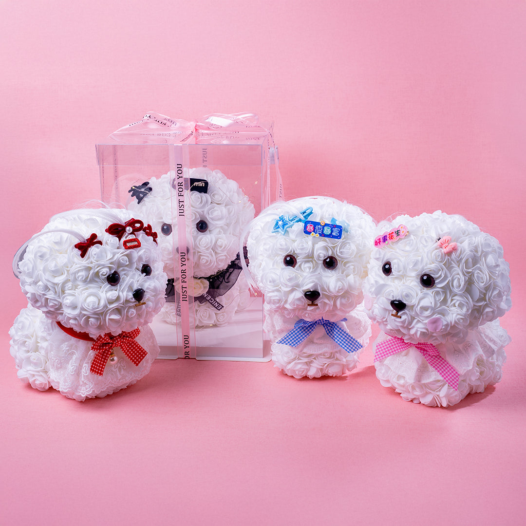 🆕新品上架【梨花瑪雅】🐩🐩爆瘦爆富 好事花生😍手作永生花馬爾濟斯小狗花束暖燈緞帶透明禮盒 閨蜜禮物,情人禮物(製作期約1周)