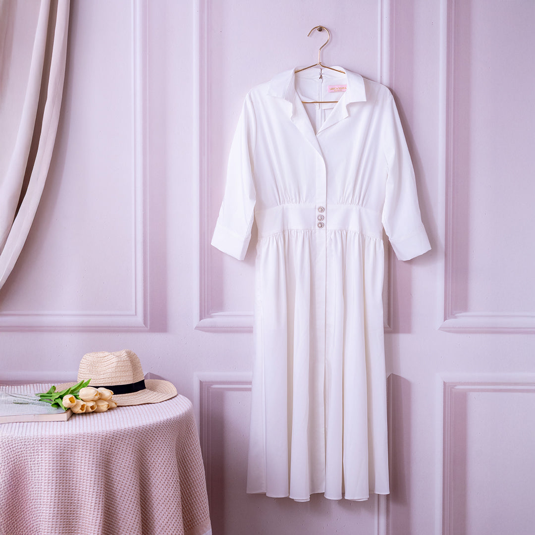 💖新品上架【梨花瑪雅】韓國設計自訂款氣質優雅韓風氣質珍珠釦襯衫垂墜美感傘裙長洋裝