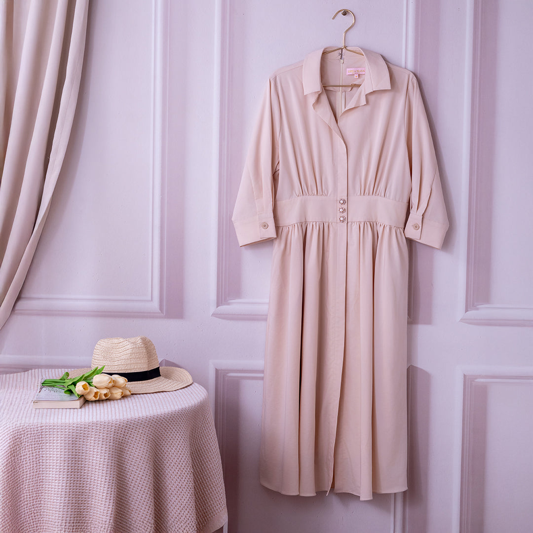 💖新品上架【梨花瑪雅】韓國設計自訂款氣質優雅韓風氣質珍珠釦襯衫垂墜美感傘裙長洋裝