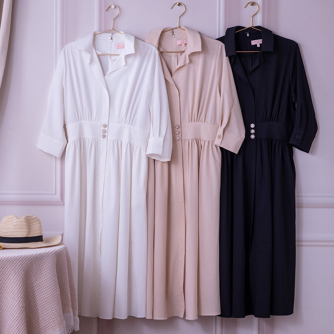 💖新品上架【梨花瑪雅】韓國設計自訂款氣質優雅韓風氣質珍珠釦襯衫垂墜美感傘裙長洋裝