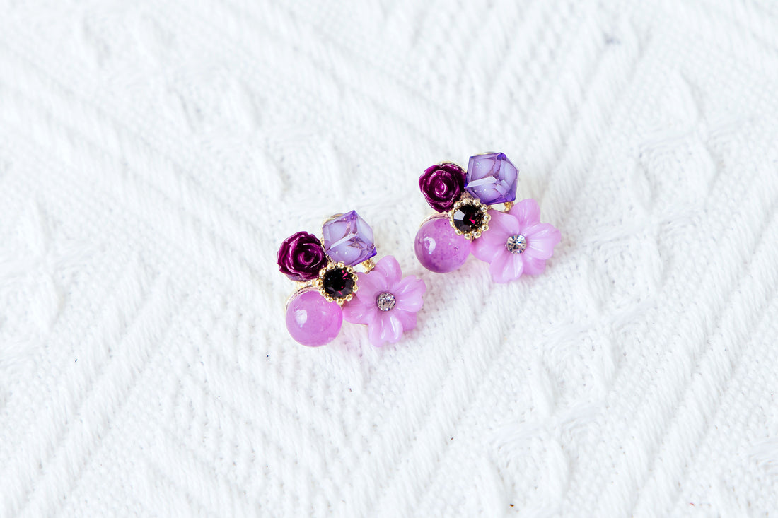 🆕新品上架【梨花瑪雅】💖溫柔復古甜美紫色水晶花朵925純銀針耳環