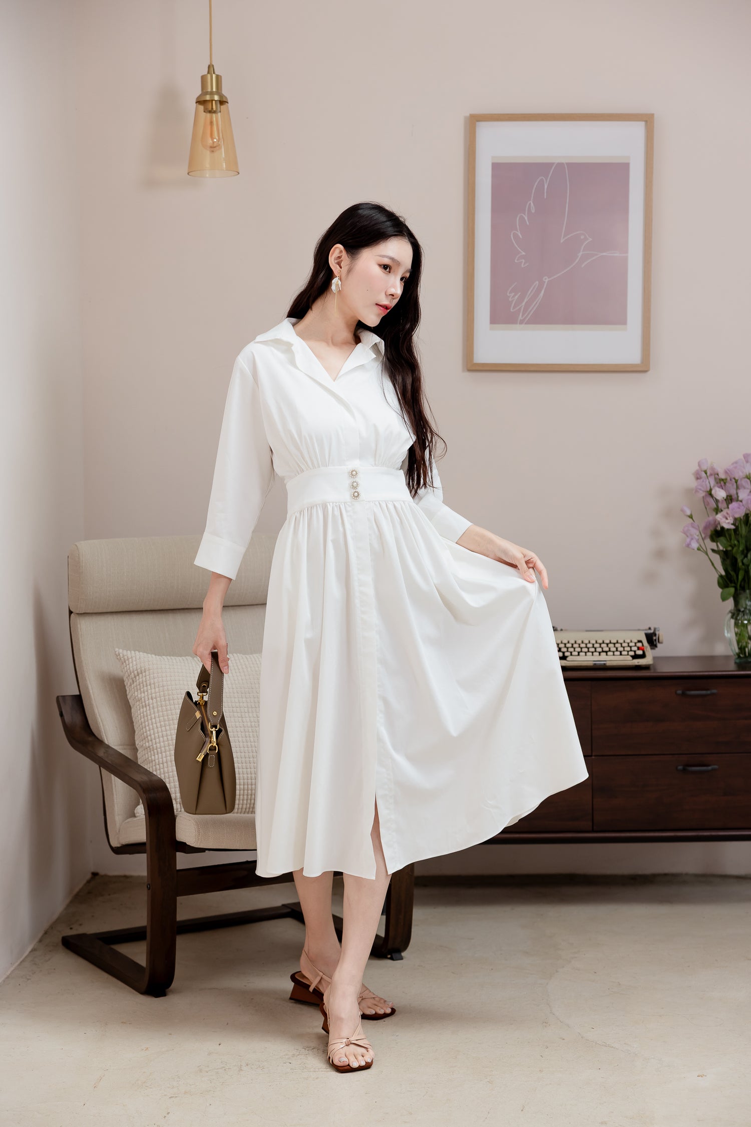💖新品上架【梨花瑪雅】韓國設計自訂款氣質優雅韓風氣質珍珠釦襯衫垂墜美感傘裙長洋裝