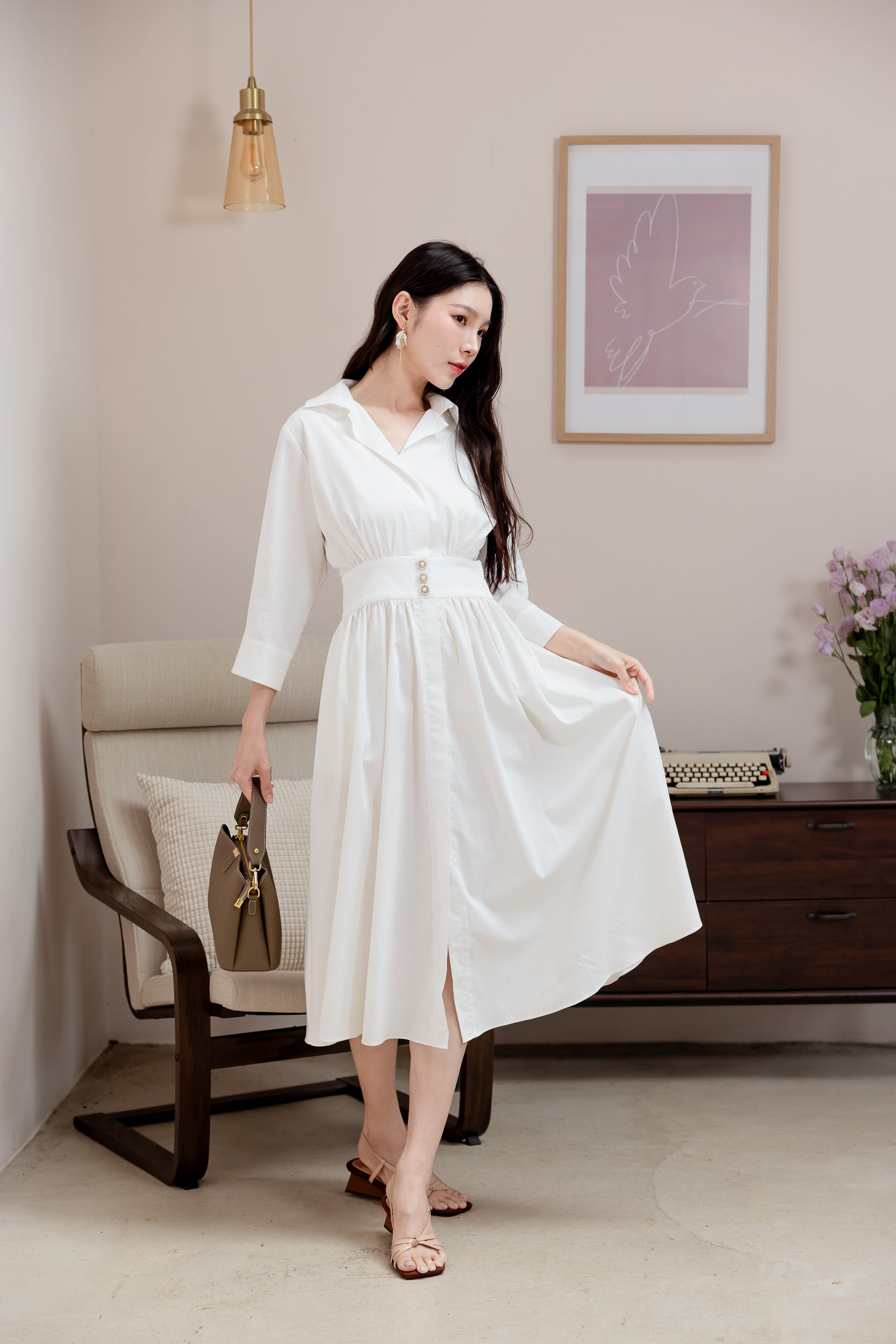 💖新品上架【梨花瑪雅】韓國設計自訂款氣質優雅韓風氣質珍珠釦襯衫垂墜美感傘裙長洋裝