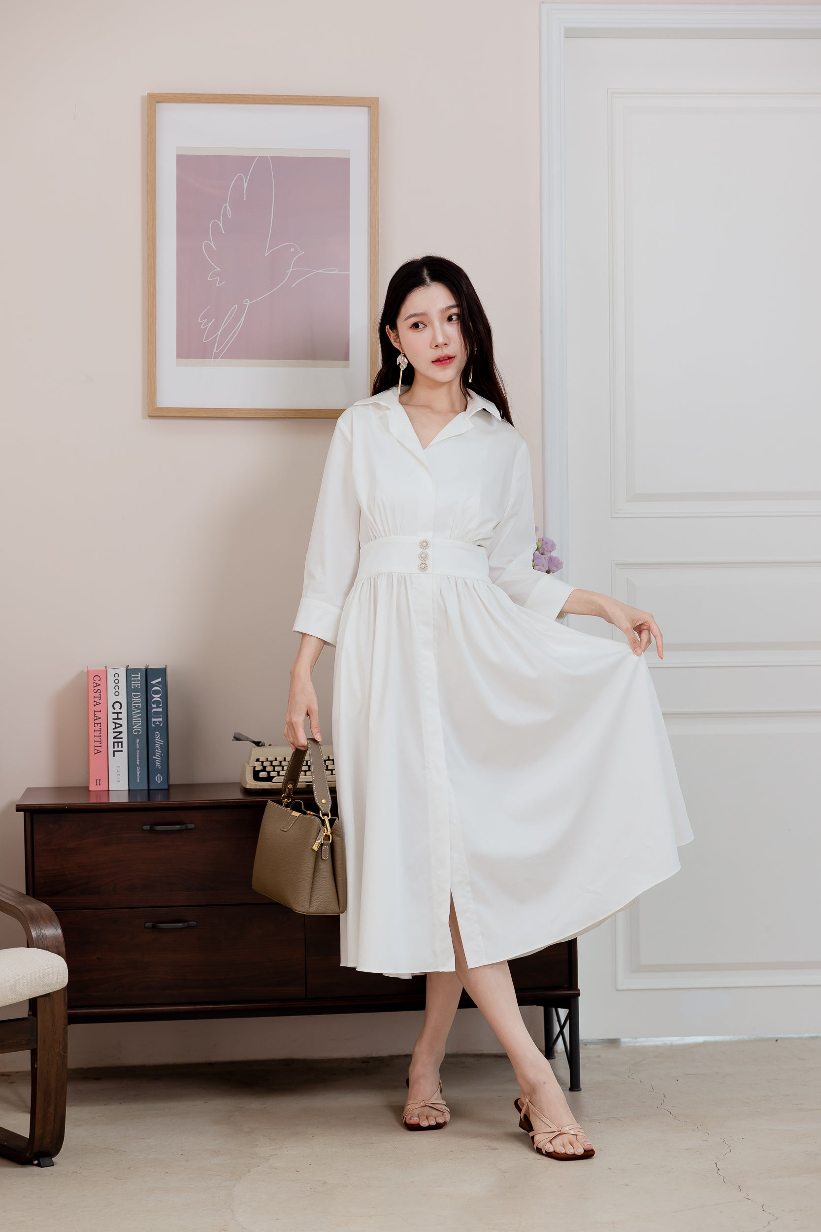 💖新品上架【梨花瑪雅】韓國設計自訂款氣質優雅韓風氣質珍珠釦襯衫垂墜美感傘裙長洋裝