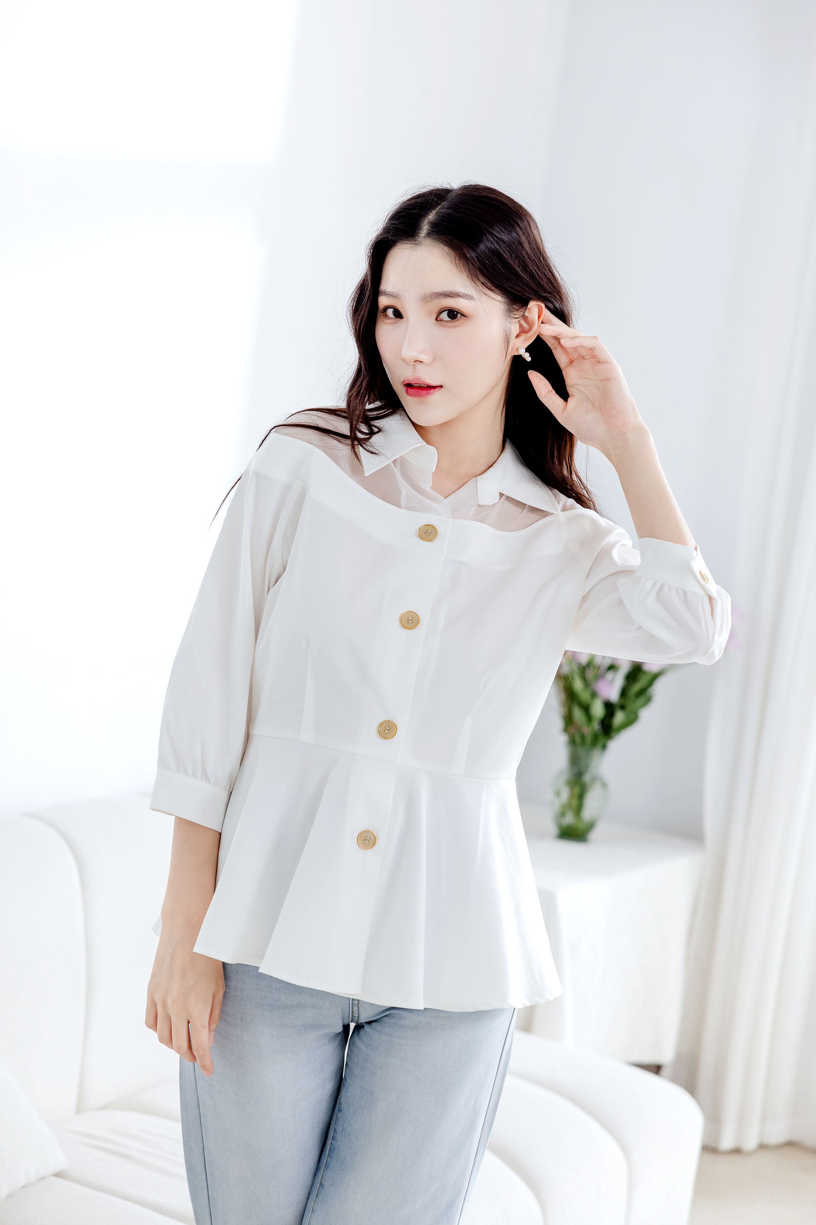 💖新品上架【梨花瑪雅】自訂款韓國設計挺感絕美透膚傘擺經典修身襯衫(三色)限量販售