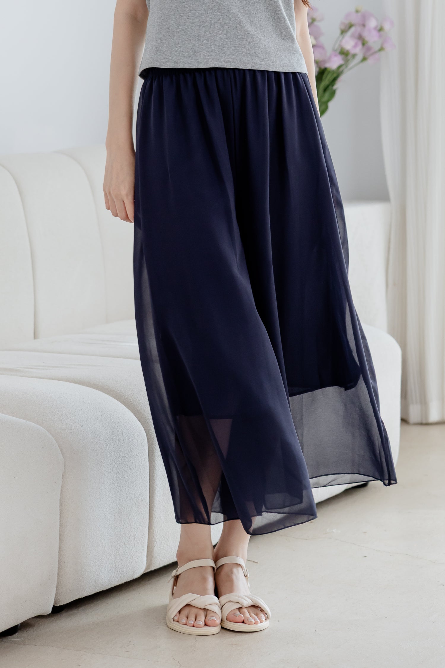 🆕新品上架【梨花瑪雅】選品新款💕深藍色雪紡飄逸長寬褲裙