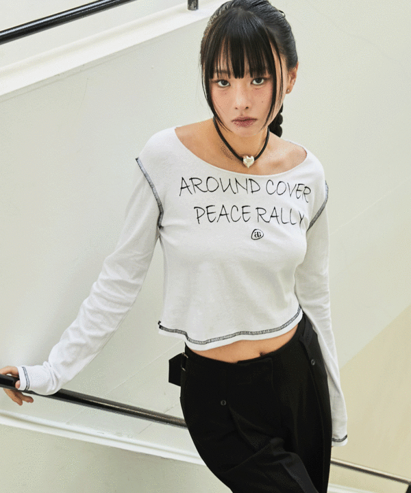 韓國 ACOVER  縫線配色露腰花邊字母短版T恤 (現貨+預購)