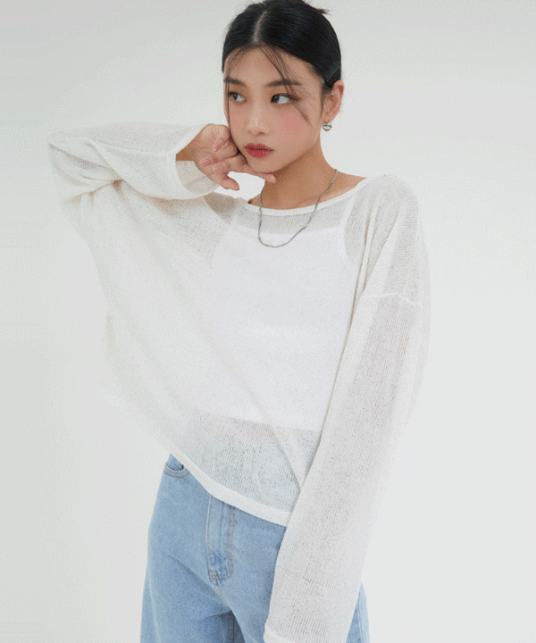 韓國 ACOVER  {U領} 透視款中長版半露臍 針織T恤 (現貨+預購)