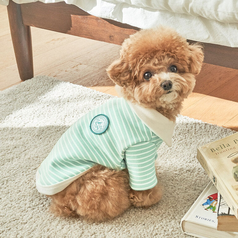 韓國新品上架【梨花娘】🐾BAILEY 🐶秋冬新品 條紋翻領柔棉立體徽章刺繡寵物服飾(3色)