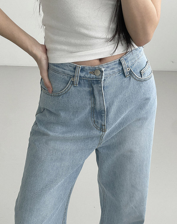 무아무아 베이직 코튼 크리스프 라이트블루 데님 와이드팬츠