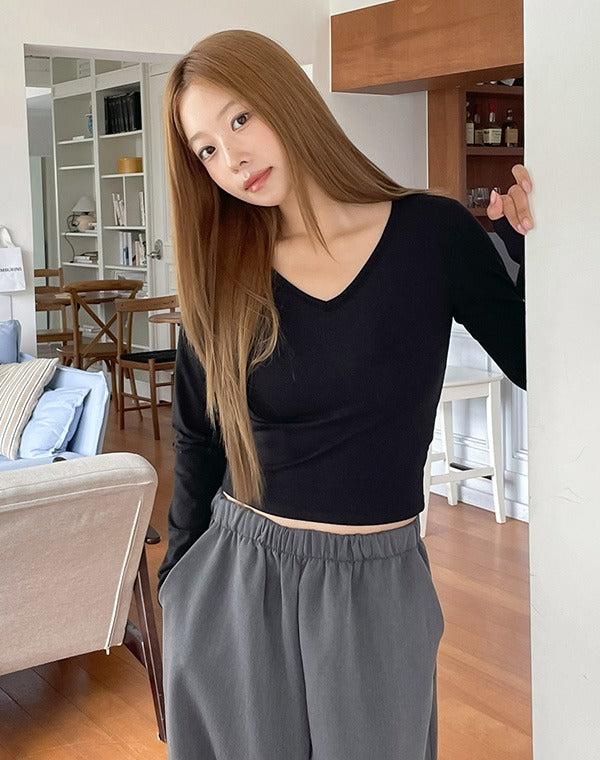 韓國 muahmuah 刺繡LOGO縫線  V領  長袖T恤  (現貨+預購)