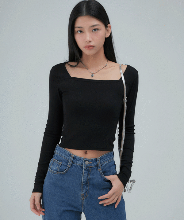 韓國 ACOVER 透氣方形線條開叉 舒適合身長袖T恤  (現貨+預購)