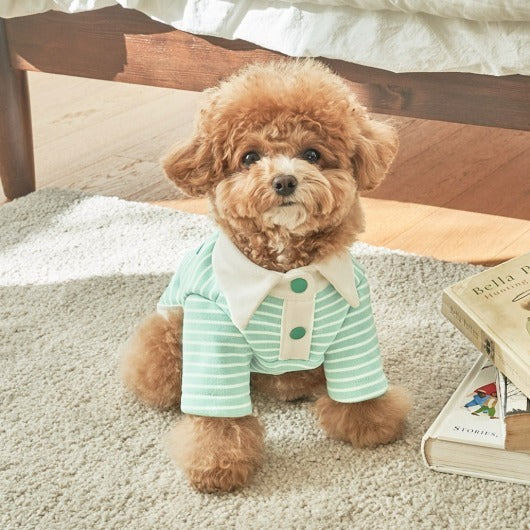 韓國新品上架【梨花娘】🐾BAILEY 🐶秋冬新品 條紋翻領柔棉立體徽章刺繡寵物服飾(3色)