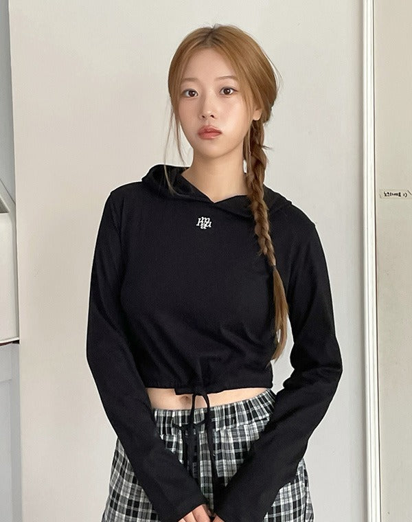 韓國 muahmuah 刺繡LOGO 連帽綁繩 短版 長袖T恤  (現貨+預購)