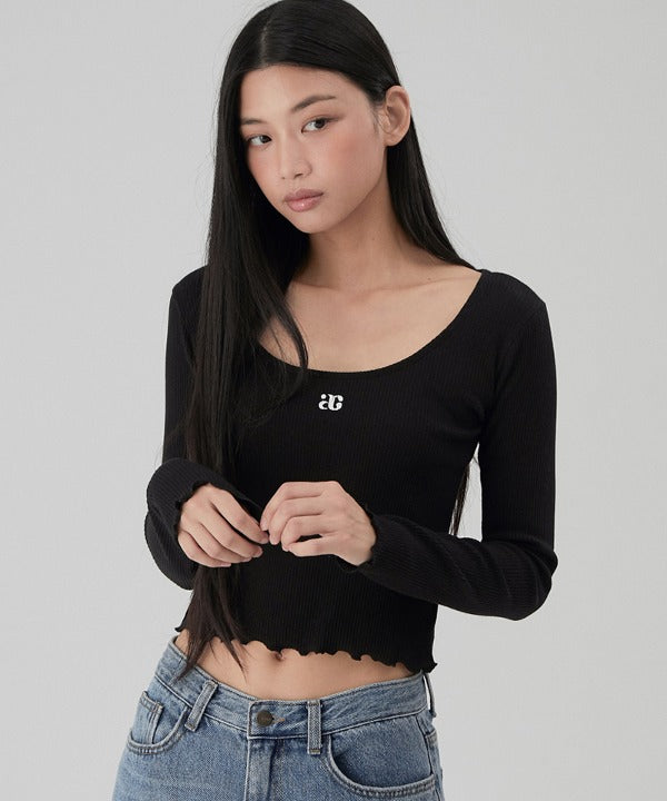 韓國 ACOVER {ac} LOGO U領子 花邊短身長 長袖T恤 (現貨+預購)