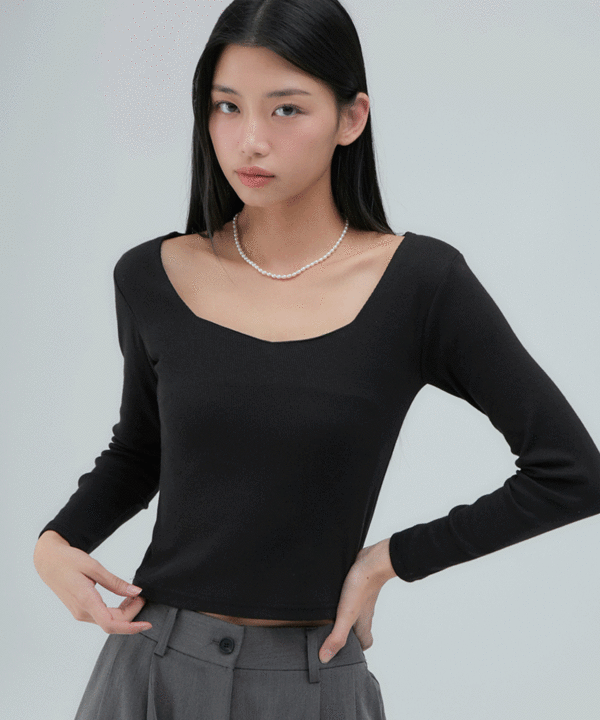 韓國 ACOVER  柔軟款 五角領 舒適合身長袖T恤 (現貨+預購)