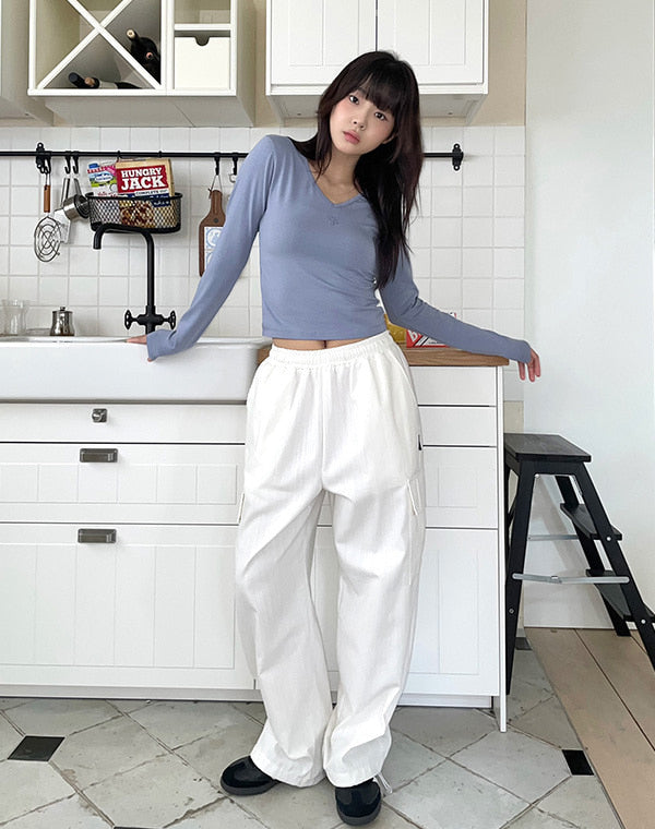 韓國 muahmuah 刺繡LOGO縫線  V領  長袖T恤  (現貨+預購)