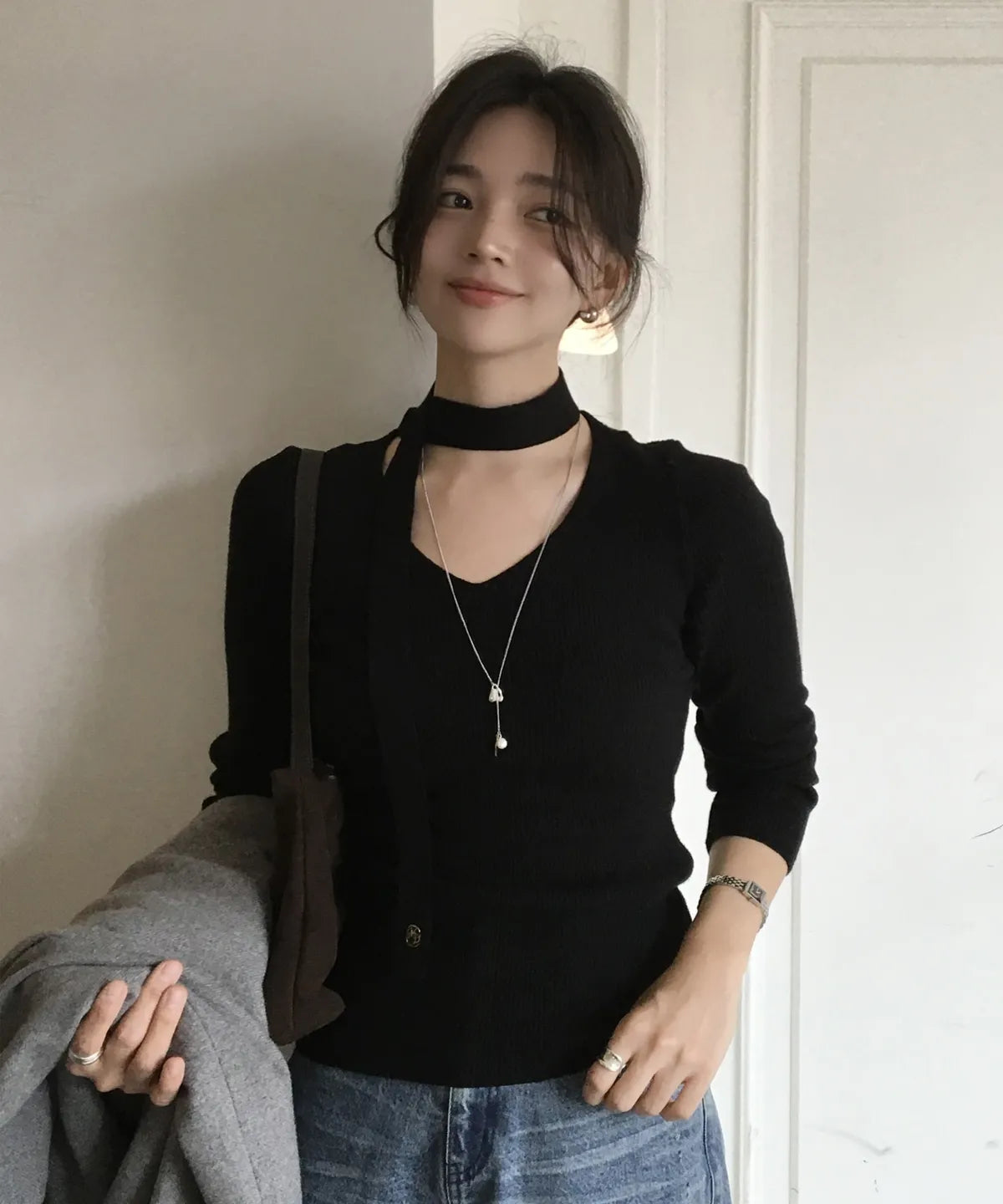 🆕新品上架【梨花娘】韓國🔥Yeoul PICK 氣質溫柔附圍巾圍巾V領修身羅紋針織上衣 (6色)